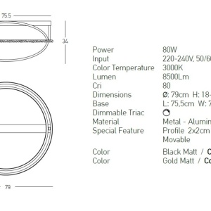 Lustra aplicata LED cu doua inele mobile Ceiling negru, L-79cm - Img 2
