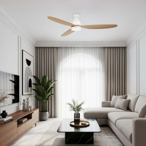 Lustra LED cu Ventilator si telecomanda NELLY D-132cm alb/ lemn natur