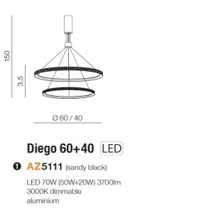 Lustra LED suspendata design modern DIEGO 60+40 3000K DIMM BK 120590 universul-luminii.ro