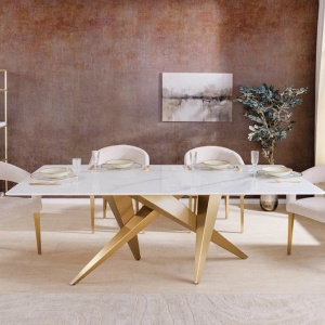 Masa design modern, Metal, Auriu, Ceramica, Alb, ART LIVING 200cm, A-46202 VC