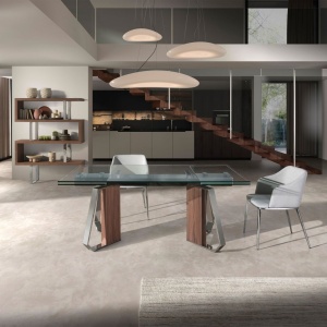 Masa extensibila design LUX Sticla, Furnir de Nuc, Otel 1159 - Img 4