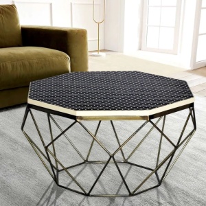Masuta de cafea rotunda, Mozaic incrustat, Alb-Negru, DIAMOND BONE INLAY 70cm - Img 3