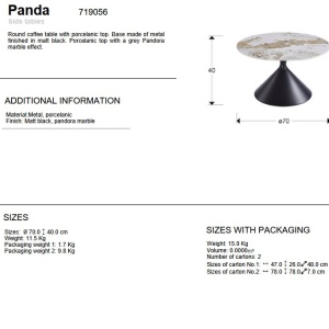 Masuta metal negru/ portelan cu efect de marmura Panda 70cm - Img 8