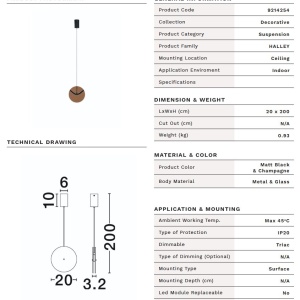 Pendul LED metal negru cu sticla champagne, HALLEY - Img 11