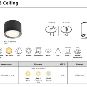 Plafoniera LED pentru baie design modern, 3-step MOODMAKER, IP44, LANDON 8 negru 179590 universul-luminii.ro