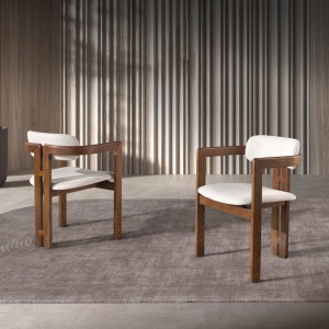 Scaun dining material textil alb-galbui si lemn Off-white - Img 10