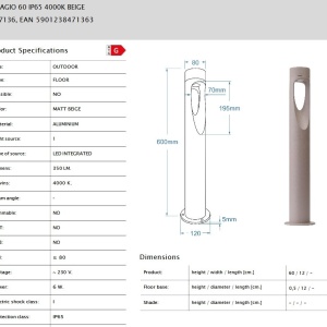 Stalp de exterior VILAGIO 60 IP65 LED 4000K bej - Img 6