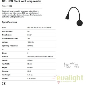Aplica cu reader LED stil modern minimalist BEL neagra 41030 52791 universul-luminii.ro
