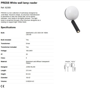 Aplica cu reader LED stil modern minimalist PRESS White 189711 universul-luminii.ro