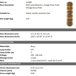 Aplica de perete din alama design LUX Manetti L 46951 universul-luminii.ro