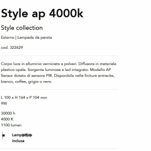 Aplica LED iluminat exterior modern IP54 Style ap 4000k negru 143541 universul-luminii.ro