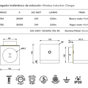Aplica LED, incarcator wireless ZANZIBAR alb - Img 3