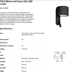 Aplica moderna cu reader LED FOLD Black 64305 83341 universul-luminii.ro