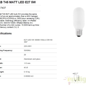 Bec LED E27 T45 MATT 5W 3000K 17437 50681 universul-luminii.ro