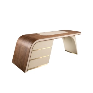 Birou cu design modern din lemn furniruit si piele sintetica Cream - Img 3
