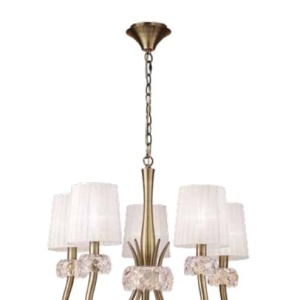 Candelabru clasic cu 5 brate LOEWE antique brass/ abajur alb 130881 universul-luminii.ro