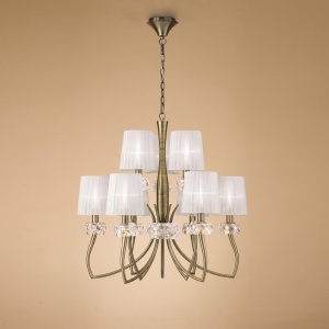 Candelabru clasic cu 9 brate LOEWE antique brass/ abajur alb 130871 universul-luminii.ro