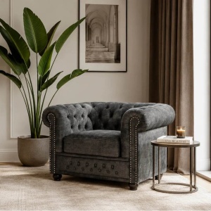 Fotoliu clasic stil englezesc Chesterfield, catifea gri antic