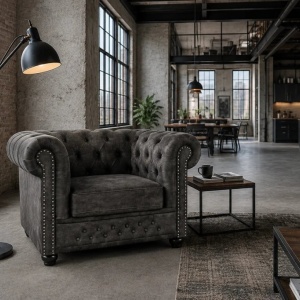 Fotoliu clasic stil englezesc Chesterfield, catifea gri antic - Img 2