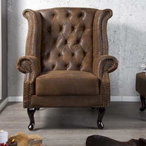 Fotoliu clasic stil englezesc Chesterfield maro antic - Img 3
