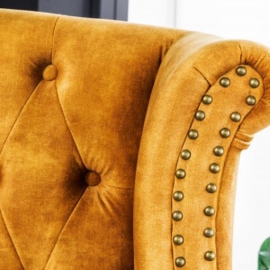 Fotoliu stil englezesc Chesterfield, catifea galben mustar - Img 2