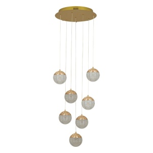Lustra aurie cu 7 pendule LED, glob acrilic transparent cu efect de cristal