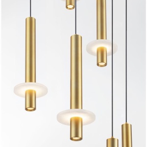 Lustra cu 12 Pendule tub subtire aluminiu auriu si alabastru LED NOEMI - Img 6
