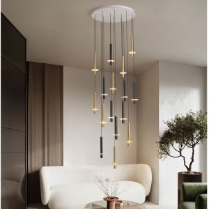 Lustra cu 16 Pendule tub subtire aluminiu auriu si negru LED NOEMI