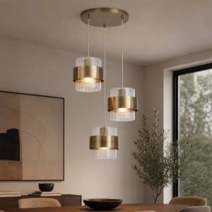 Lustra cu 3 pendule din metal alama antic si sticla canelata Royal