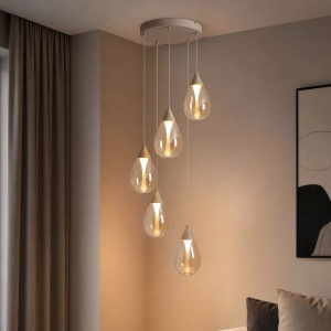 Lustra cu 5 Pendule LED sand cu sticla sampanie Pear
