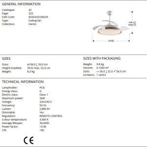 Lustra LED cu Ventilator si telecomanda, lame retractabile HERON alb/auriu - Img 2