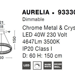 Lustra LED suspendata , dimabila, cristal design elegant AURELIA crom 60cm - Img 4