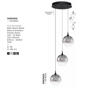 Lustra moderna cu 3 pendule LED, Metal, Sticla, Fumuriu, ORENDA 168531 universul-luminii.ro