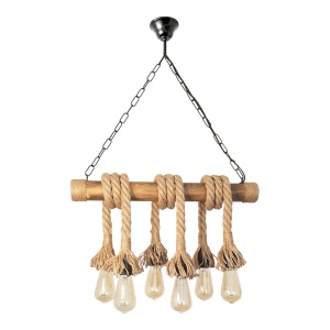 Lustra rustica fabricata manual cu 6 pendule din lemn si sfoara KOS