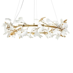 Lustra Suspendata, Metal Auriu, Petale Flori Albe Ceramice, FLORA 100