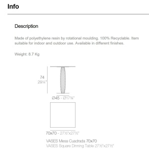 Masa de exterior / interior design modern premium VASES 70x70cm - Img 5