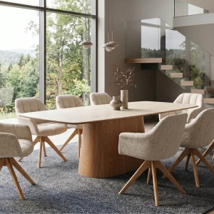 Masa dining Ceramica travertin, Furnir stejar, UNIQUE 200cm