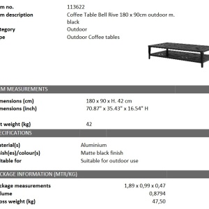 Masuta pentru interior si exterior Bell Rive negru, 180x90cm 113622 HZ - Img 3