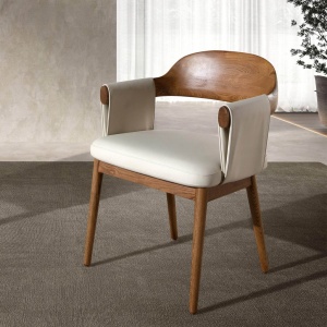 Scaun dining imitatie de piele crem si lemn Walnut