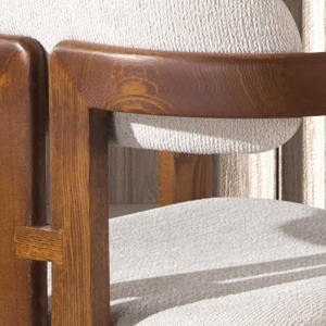 Scaun dining material textil alb-galbui si lemn Off-white - Img 7