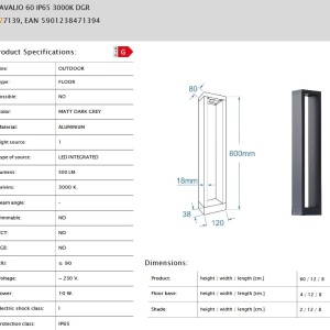 Stalp de exterior CAVALIO 60 IP65 3000K gri inchis - Img 5