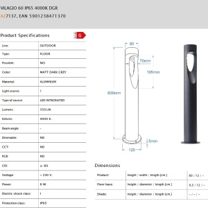 Stalp de exterior VILAGIO 60 IP65 LED 4000K gri inchis - Img 2