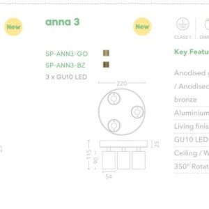 Aplica cu 3 spoturi din aluminiu canelat Anna bronz - Img 4