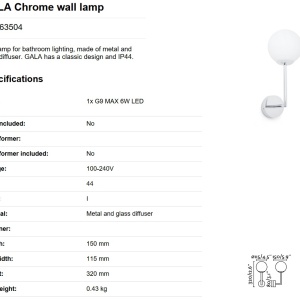 Aplica de perete baie cu protectie IP44 GALA Chrome 63504 61122 universul-luminii.ro