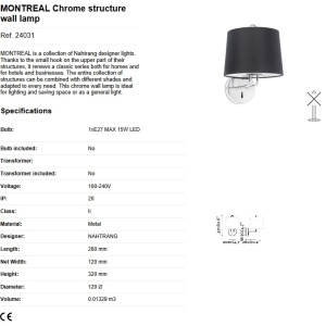 Aplica de perete moderna design elegant MONTREAL crom/negru 80742 universul-luminii.ro