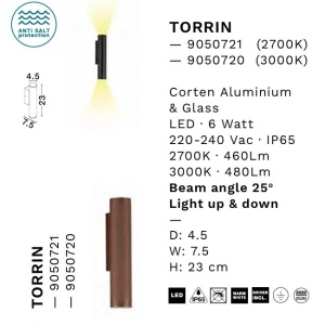 Aplica exterior cu iluminat sus si jos LED 2700K IP65 TORRIN corten 250882 universul-luminii.ro