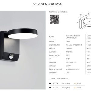Aplica LED de exterior cu senzor de miscare IP54 IVER 4000K 57902 universul-luminii.ro