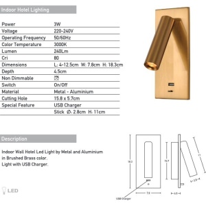 Aplica moderna cu spot LED directionabil USB Charger Hotel alama 155022 universul-luminii.ro