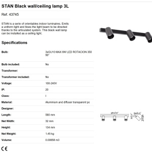 Aplica perete / tavan cu 3 spoturi directionabile design modern STAN 3L neagra 84532 universul-luminii.ro