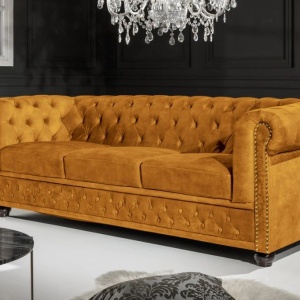 Canapea clasica stil englezesc Chesterfield 3 locuri, galben mustar - Img 5